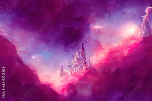 Castle of princess. unicorn seamless pattern. fairy tale kingdom watercolor illustration