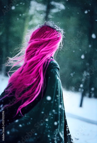 Beautiful woman with pink hair at scary forest
