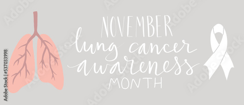 Lung cancer awareness month Novermber handwritten lettering. White support ribbon. Web banner vector