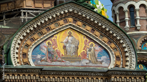 Mosaic depicting Jesus Christ with apostles on outer wall of Cathedral or Church of Savior on Spilled Blood  St. Petersburg  Russia