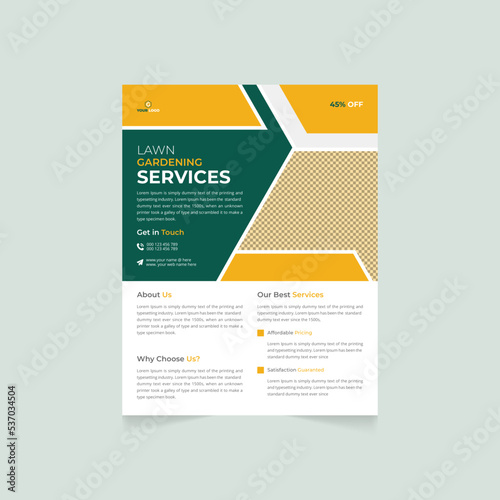 Lawn gardening services flyer design template, landscaping and gardening lawn care service flyer