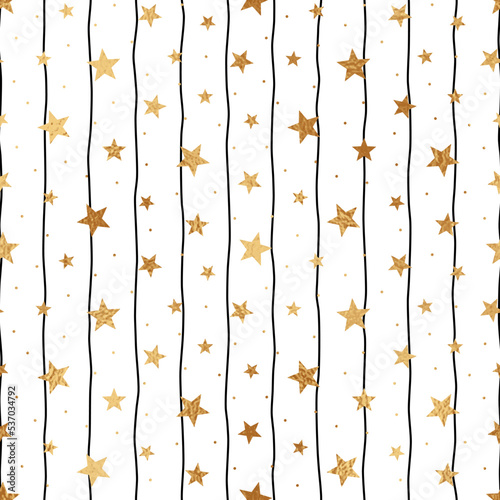 Star seamless pattern. Repeated gold stars background. Abstract glitter design for prints. Repeating marble foil. Cute wallpaper. Repeat random stars. Irregular starry texture. Vector illustration