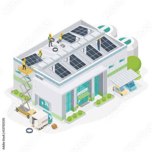 solar cell system for energy saving eco warehouse and factory industrial isometric top view green business clean energy installer team service	
