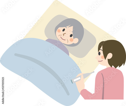 高齢者の熱を測る看護師
