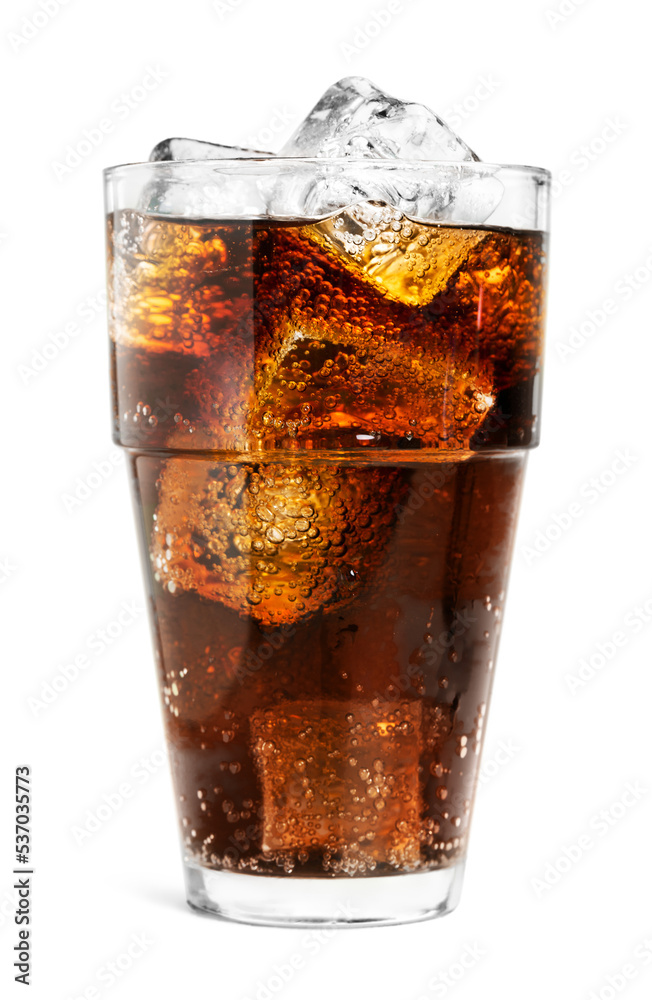 Glass of cola with ice cubes isolated on white background - obrazy, fototapety, plakaty 