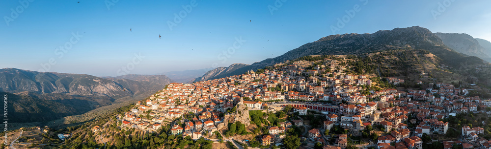 Arachova Greece mountain town aerial panorama, Boeotia. Tourist resort
