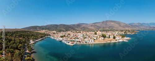 Galaxidi Greece, aerial drone view. Traditional town in Fokida, sunny day.