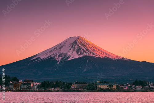 Last light on Mount Fuji and Lake Kawaguchi