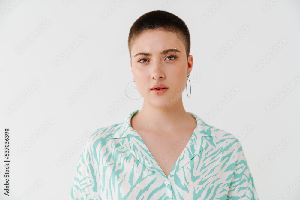 Excited european woman with short hair looking at camera Excited european woman with short hair looking at camera