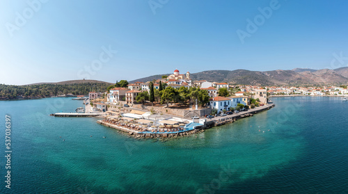 Photos Galaxidi Greece, aerial drone view. Traditional town sunny day.