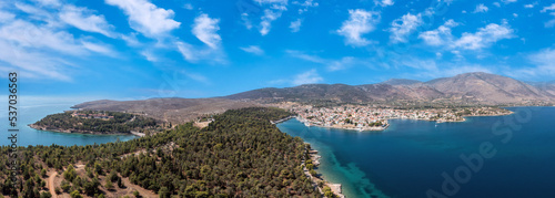 Galaxidi Greece, aerial drone view. Traditional town in Fokida, sunny day.