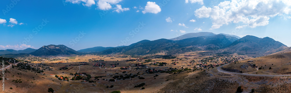 Livadi Arachova Greece, aerial panorama. Winter houses on a mountain Parnassos plateau