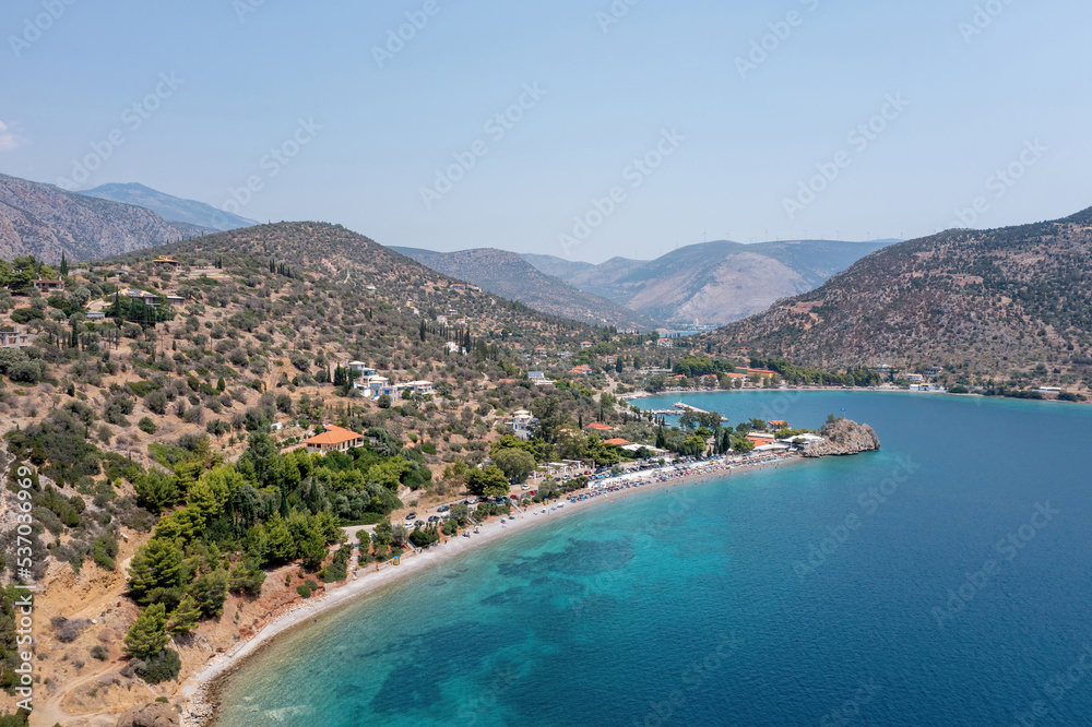 Antikyra Greece, aerial aerial drone view. Agios Isidoros sandy beach in Boeotia,