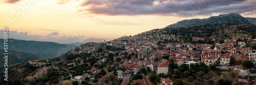 Arachova Greece mountain town aerial panorama. Traditional houses at sunset © Rawf8