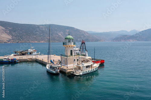 Antikyra Greece, aerial drone view. The port lighthouse, boats anchored in Boeotia