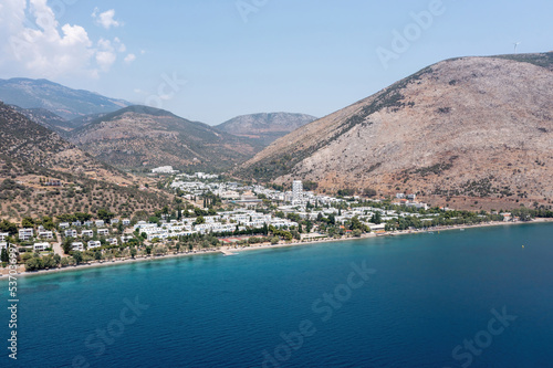 Greece, Aspra Spitia Village in Boeotia aerial panoramic drone view.