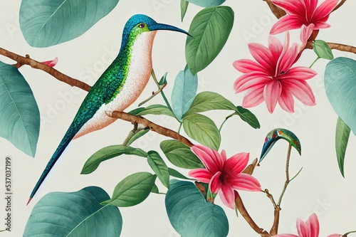Tropical watercolor birds hummingbird, monkey and jaguar, exotic jungle plants leaves flowers, flamingo pastel color seamless fabric background. © 2rogan