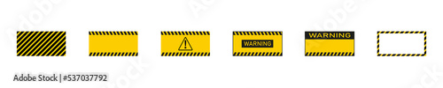 Warning sign collection. Black and yellow warning line striped rectangular background. Warning tape. Vector illustration.
