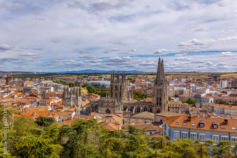 City of Burgos - Spain. Place of Rey San Fernando with Cathedral of Saint Mary in Burgos. Burgos is a city in northern Spain and the historic capital of Castile.