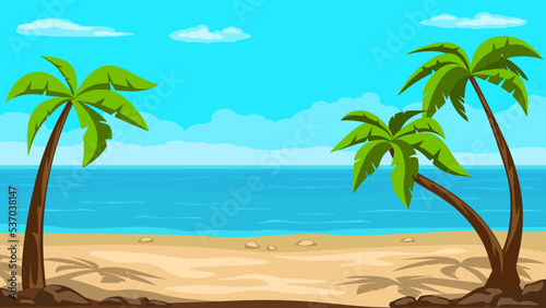 Tropical beach with palm trees, cartoon style vector illustration.