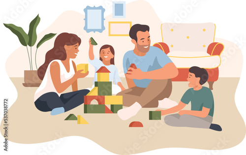 Family time concept vector illustration. Parents and children spend time together playing games