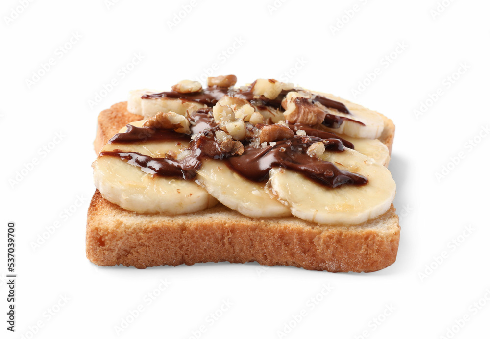 Delicious toast with bananas, chocolate cream and nuts isolated on white