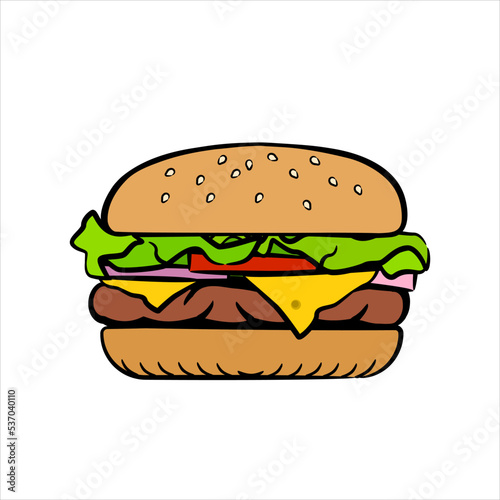 CColor sketch of hamburger isolated on white background,vector illustration. Modern design street food logotype. Cheeseburger flat icon for menu, fast food.