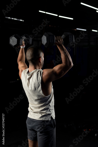 vertical shot of a muscular man from the side, pressing a pair of dumbbells