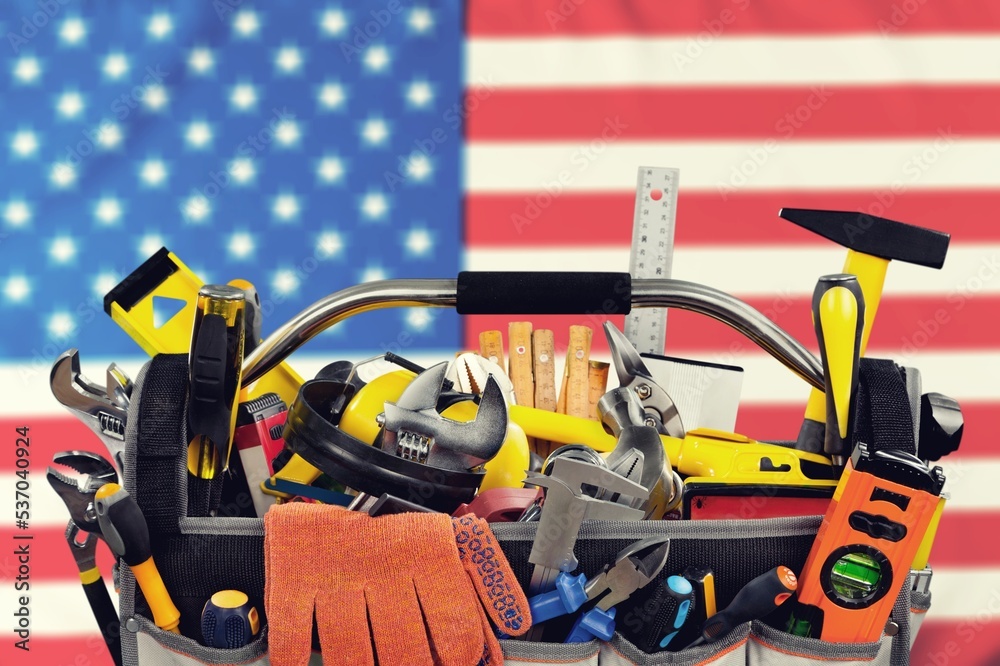 Set of tools and USA Flag Background Set of tools and USA Flag Background