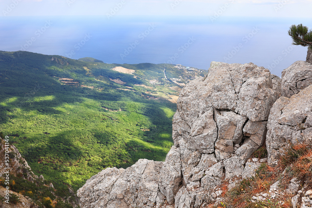 Picturesque view of the city of Yalta and the Black Sea from Ai Petri mountain in the Crimea.