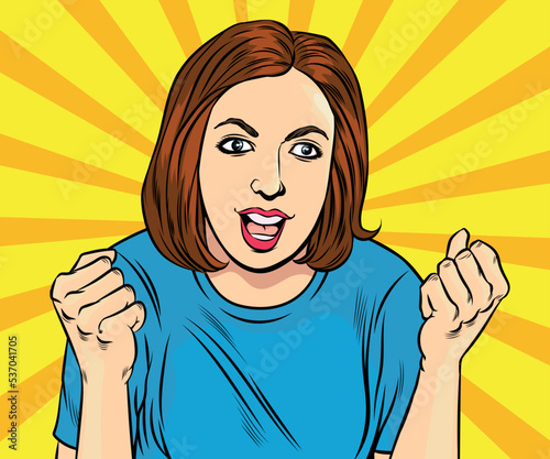good mood woman excited happy. hand drawn retro pop art style vector design illustration.