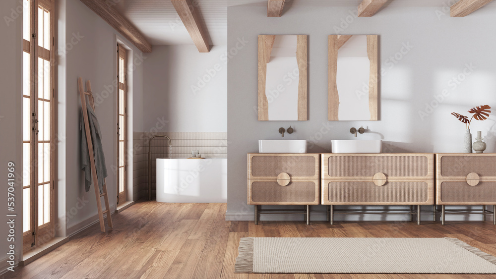 Farmhouse minimalist bathroom in bleached and beige tones. Wooden washbasin and freestanding bathtub. Vintage retro interior design - obrazy, fototapety, plakaty 
