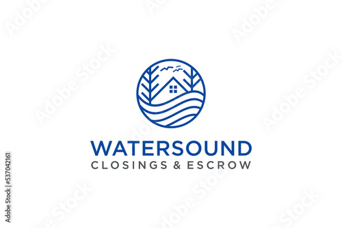 Nature logo design roof house icon symbol pine tree wave water river lake illustration