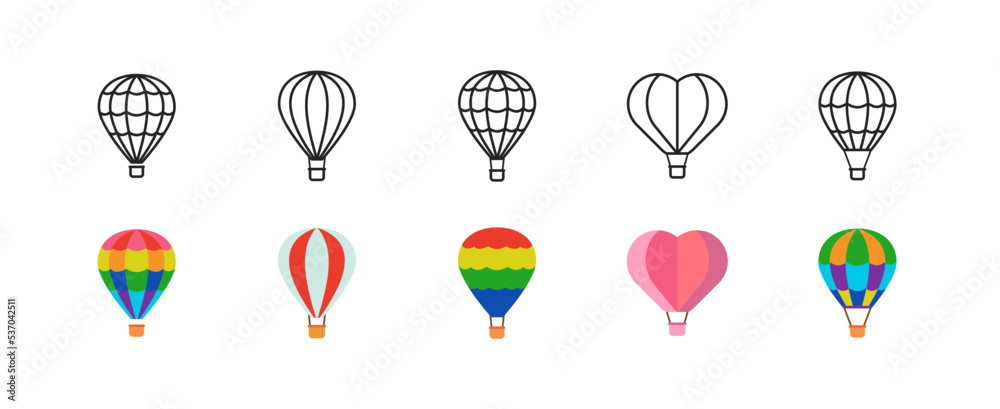 Air balloon different shapes and colors icon set. Flat vintage design. Concept of flight. Valentine day.  Signs of adventure, travel, sky fly. Journey and love symbol.