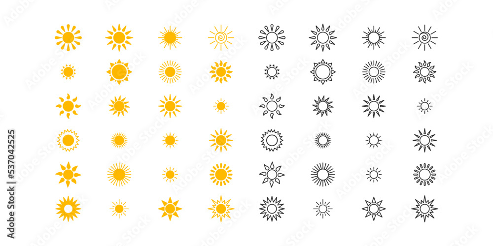Variety of yellow sun icon set. Flat design. Concept of hot summer. Sunlight sign.
