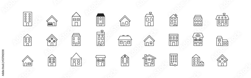 Cute various houses icon set. Concept of building, home. Urban exterior. Property symbol.