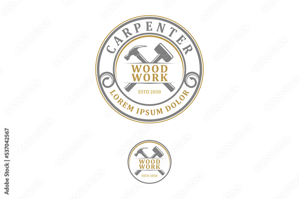 Wood work handyman logo design vintage style rounded shape repair renovation carpenter icon symbol