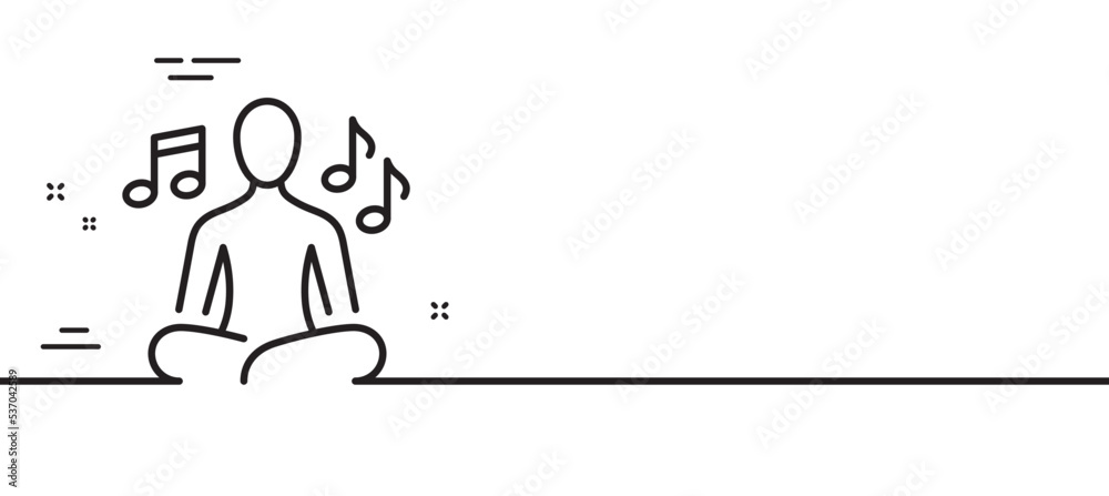 Yoga music line icon. Meditation pose sign. Relax body and mind symbol. Minimal line illustration background. Yoga music line icon pattern banner. White web template concept. Vector Yoga music line icon. Meditation pose sign. Relax body and mind symbol. Minimal line illustration background. Yoga music line icon pattern banner. White web template concept. Vector
