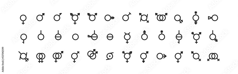 Genders icon set. Concept of sexual orientation. LGBTQ signs. Love symbol. Male, female, transgender, gay, lesbian, bisexual, travesti and more. Genders icon set. Concept of sexual orientation. LGBTQ signs. Love symbol. Male, female, transgender, gay, lesbian, bisexual, travesti and more.