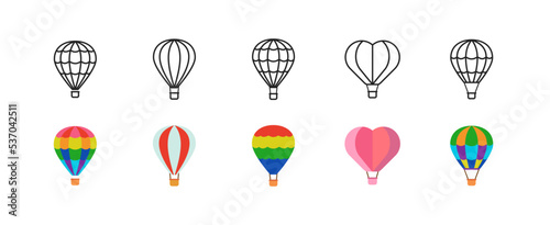 Air balloon different shapes and colors icon set. Flat vintage design. Concept of flight. Valentine day.  Signs of adventure  travel  sky fly. Journey and love symbol.