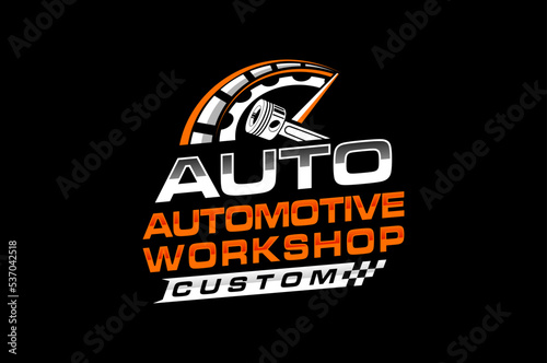 Automotive piston workshop logo design speedo meter badge style custom car service engine tune up icon symbol illustration