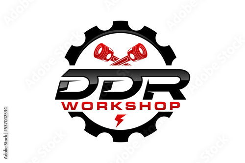 Automotive piston workshop logo design cog gear modern badge style custom car service engine tune up icon symbol illustration