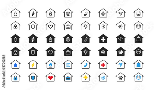 Utilities icon set. Concept of facilities.  Electricity, heart, phone, shield, fire, gas, lock, internet and more signs. Stay at home symbol.