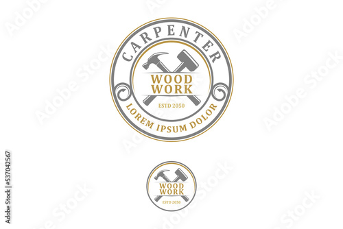 Wood work handyman logo design vintage style rounded shape repair renovation carpenter icon symbol