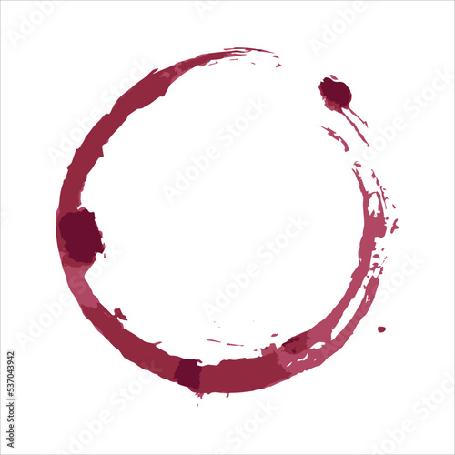 Red wine stain vector illustration. Isolated burgundy circle on white background. Wine glass leaving a red mark on an empty background. Liquid being spilled. Vintage dirty, decorative label. Winery.