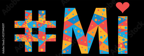 MI Hashtag. Mosaic isolated text. Letters from pieces of triangles, polygons and bubbles. #MI is abbreviation for the US American state Michigan for print, clothing, t-shirt, poster, banner, flyer. St