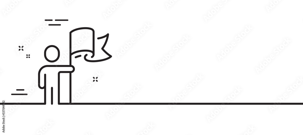 Leadership line icon. Person with flag sign. Business skill symbol. Minimal line illustration background. Leadership line icon pattern banner. White web template concept. Vector Leadership line icon. Person with flag sign. Business skill symbol. Minimal line illustration background. Leadership line icon pattern banner. White web template concept. Vector