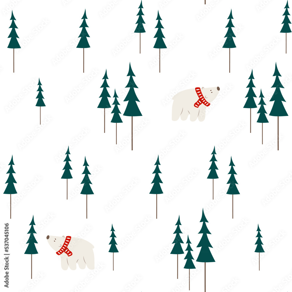Obraz premium Seamless pattern with christmas trees and polar white bears. Fir forest wrapping paper. New year background