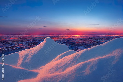 Yakutsk city in winter. View from a height of the ethnographic tourist complex Chochur Muran photo