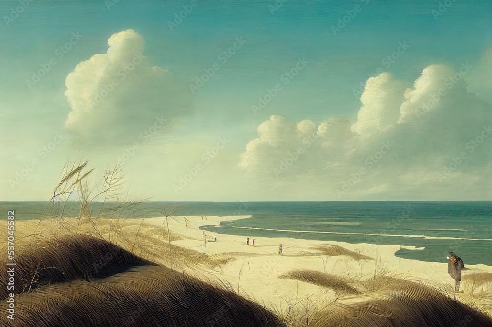 Beach at the Baltic Sea. Coastal scenery with sandy beach, dunes with marram grass and rough sea on winter day - obrazy, fototapety, plakaty 